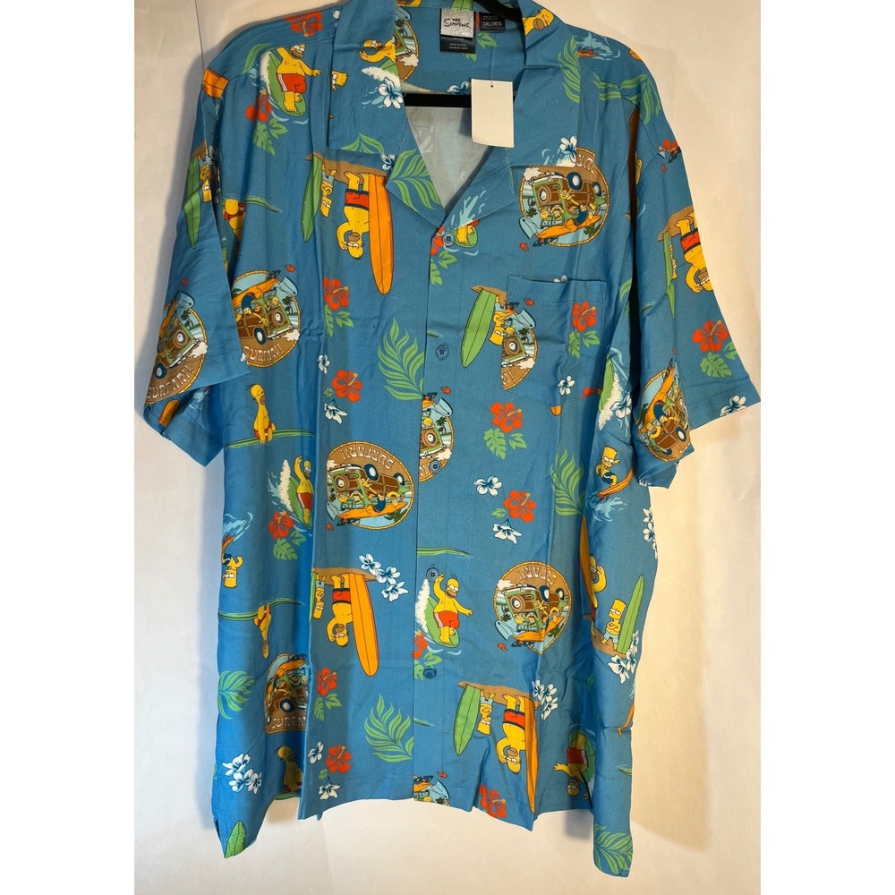 The Simpsons Hawaiian Button‎ Up Shirt Vacation Time Blue Homer Size 3XL 54-56